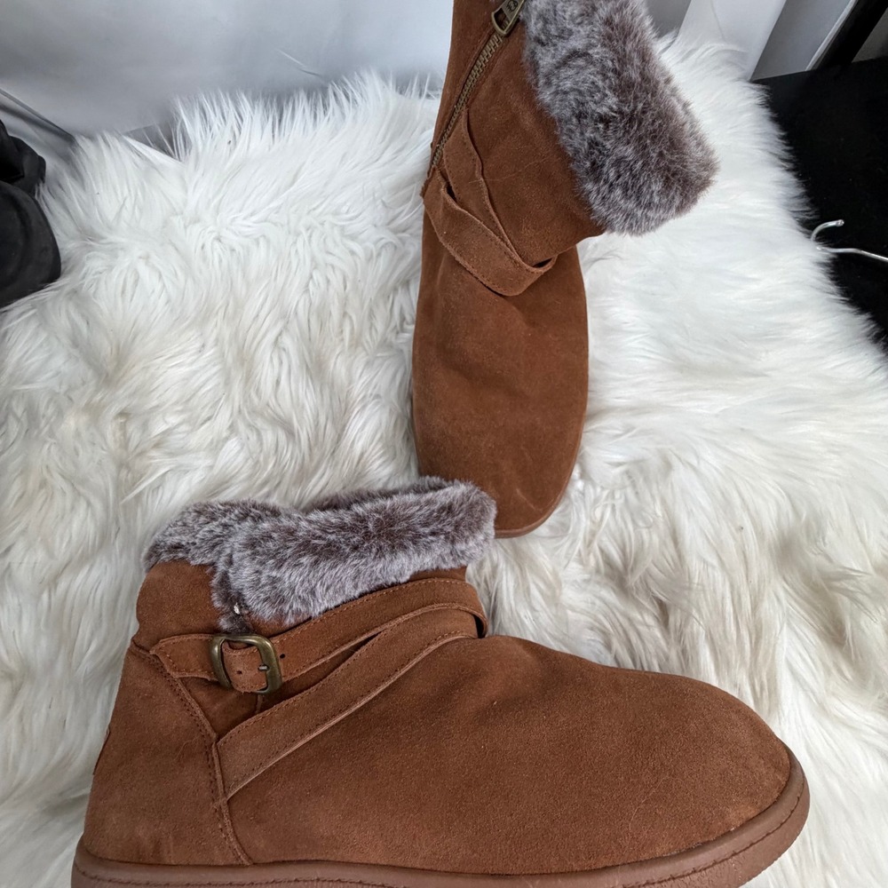 Lamo Women Chestnut Brown Suede Faux Fur Trim Ankle Boots Size 11